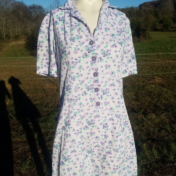VTG Cute Purple Floral Cotton Shift Dress Button S - Picture 6 of 10